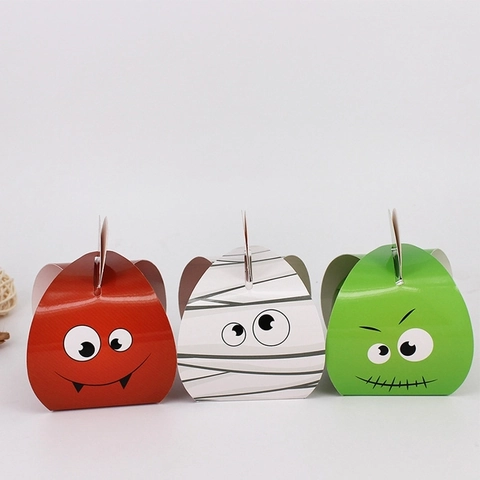 Halloween Candy Gift Boxes Paper Foldable Treat Bags With Handle Cartoon Mummy Monster Pumpkin Patterns Party Favors