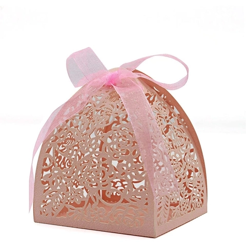 Laser Cut Hollow Candy Box Pearlescent Paper Gift Boxes With Ribbon Floral Pattern For Wedding Party Favor