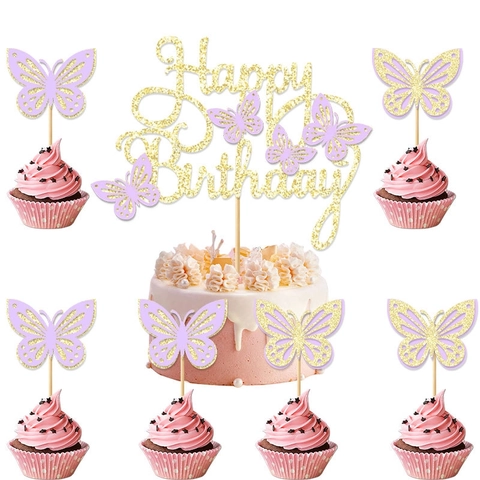 Butterfly Happy Birthday Cake Topper Glitter Paper Decorations For Birthday Party Celebration Dessert Table Supplies