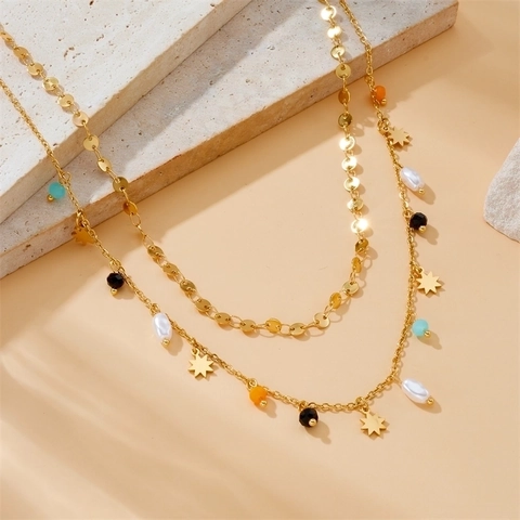 Stainless Steel Double Layer Necklace With Star Pendant Multi-Color Beads And Faux Artificial Pearl Bohemian Jewelry For Women