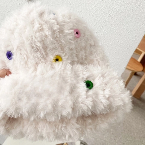 Women Winter Plush Knit Beanie Hat Scarf Set Button Decor Korean Warm Faux Fur Bucket Hat Rainbow Ear Protection Cap