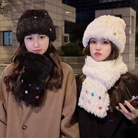 Women Winter Plush Knit Beanie Hat Scarf Set Button Decor Korean Warm Faux Fur Bucket Hat Rainbow Ear Protection Cap