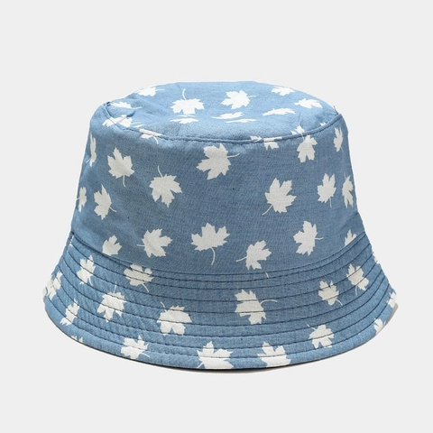 Cappello Alla Pescatora Reversibile Donna Denim Cotone Stampato Fiore Foglia Acero Protezione Solare Estate Casual