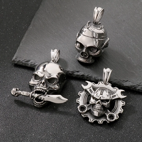 Skull Pendant Necklace Stainless Steel Gothic Punk Biker Mechanical Double Gun Wrench Dagger Design For Men