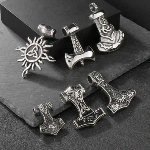 Viking Thor's Hammer Pendant Stainless Steel Mjolnir Wolf Head Celtic Knot Vintage Punk Jewelry For Men