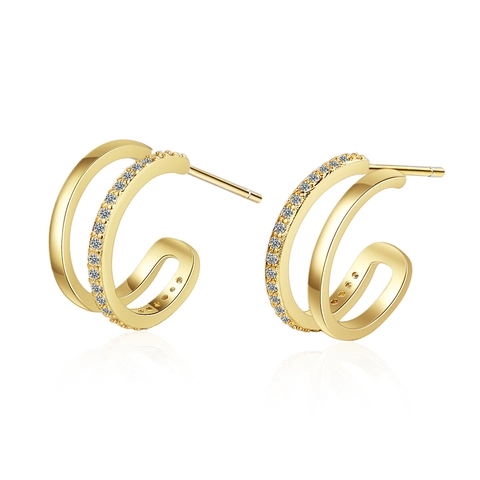 Boucles d'Oreilles Anneaux Minimalistes Élégantes Double Couche en Forme de C en Cuivre Pour Femmes Strass Incrusté Or Argent Électroplaqué Bijoux