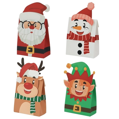 Christmas Candy Boxes Paper Gift Bags Cartoon Santa Reindeer Snowman Elf Pattern Holiday Party Favor Packaging