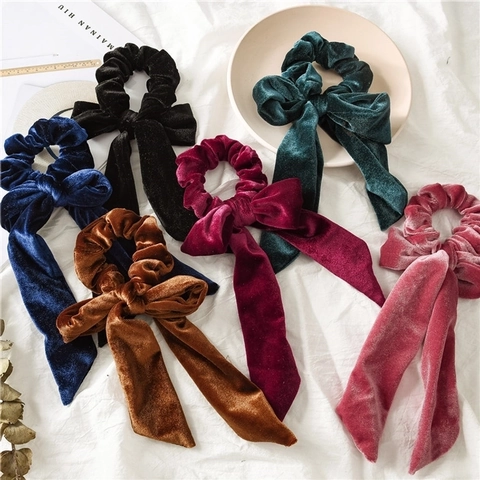 Elastici Per Capelli In Velluto Con Grande Fiocco E Nastri Lunghi Retro Elegante Copricapo Autunno Inverno Per Donne Ragazze