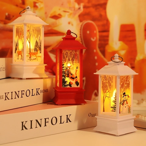Weihnachten LED Laterne Dekorative Retro Hängelampe Warmes Licht Weihnachtsmann Schneemann Muster PVC Tischdekoration