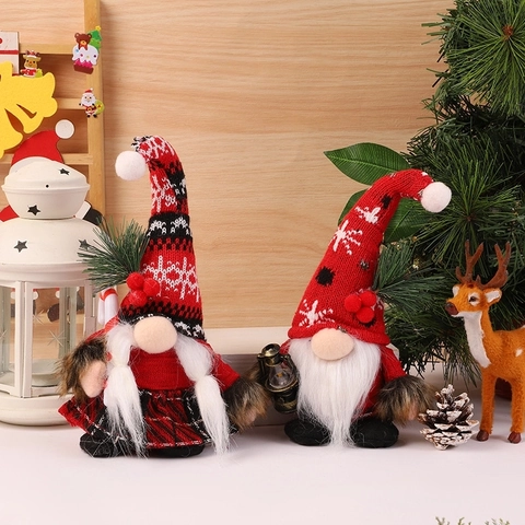 Kerstkabouter Pluche Ornamenten Gebreide Lange Muts Gezichtsloze Pop Tomte Decoratie Met Kunstbont Baard Buffalo Ruit Rok