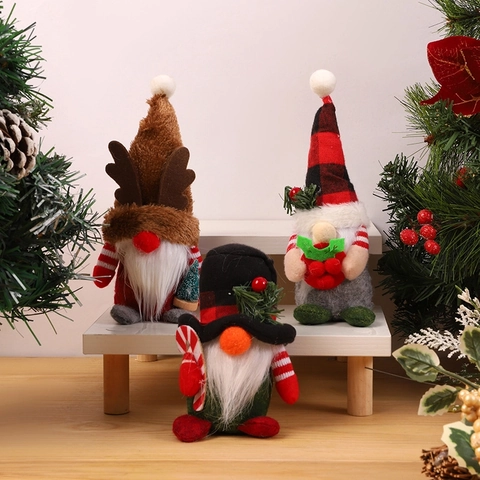 Gnomo di Natale Bambola di Peluche Corna di Renna Cappello a Quadri Rudolf Vecchio della Foresta Senza Volto Decorazione Desktop
