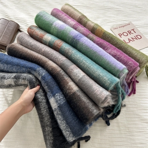 Sciarpa A Quadri Calda Ispessita Stile Mohair Scialle Invernale Avvolgente Con Nappe Moda Britannica Per Donne