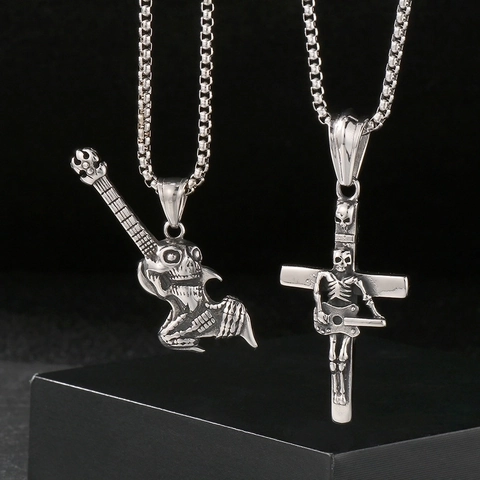 Collana Con Ciondolo Strumento Musicale Acciaio Inossidabile Tromba Sassofono Chitarra Teschio Gothic Punk Rock Per Uomo