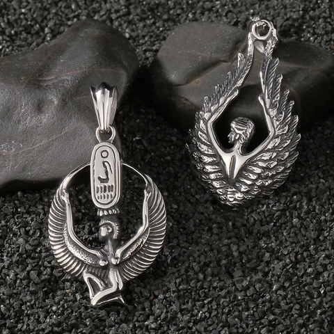 Collar Colgante De Acero Inoxidable Vintage Diosa Egipcia Isis Alas De Ángel Luna Estrella Hada Joyería Gótica Punk
