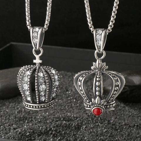 Pendentif Couronne Collier Acier Inoxydable Rétro Creux Strass Pierre Rouge Hip Hop Punk Bijoux Pour Hommes