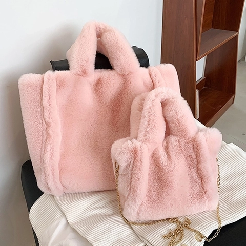 Weiche Plüsch Tragetasche Kunstpelz Hohe Kapazität Handtasche Mit Goldener Kette Warme Winter Mode Für Damen Elegant