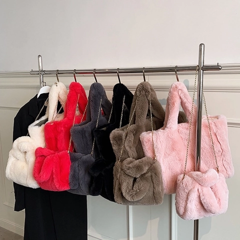 Weiche Plüsch Tragetasche Kunstpelz Hohe Kapazität Handtasche Mit Goldener Kette Warme Winter Mode Für Damen Elegant