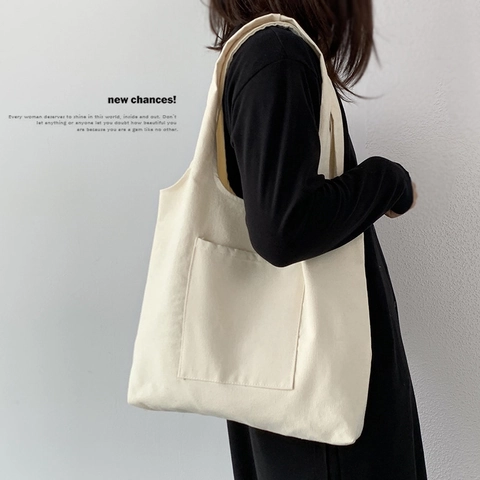 Blank Canvas Tote Bag Large Capacity Solid Color Front Pocket Minimalist Japanese Style Casual Travel School Shoulder Bag