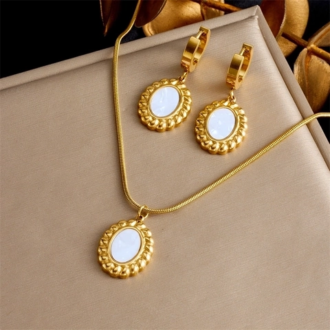 Collana E Orecchini In Acciaio Inossidabile Placcato Oro Retro Pendente Ovale Geometrico Per Donna Elegante