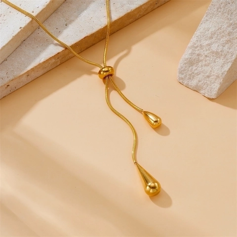 Stainless Steel Gold Plated Necklace And Earrings Teardrop Pendant Adjustable Y Shape Long Tassel Elegant For Women