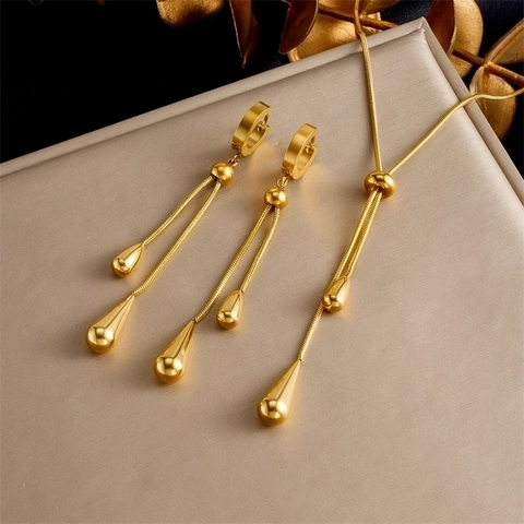Stainless Steel Gold Plated Necklace And Earrings Teardrop Pendant Adjustable Y Shape Long Tassel Elegant For Women