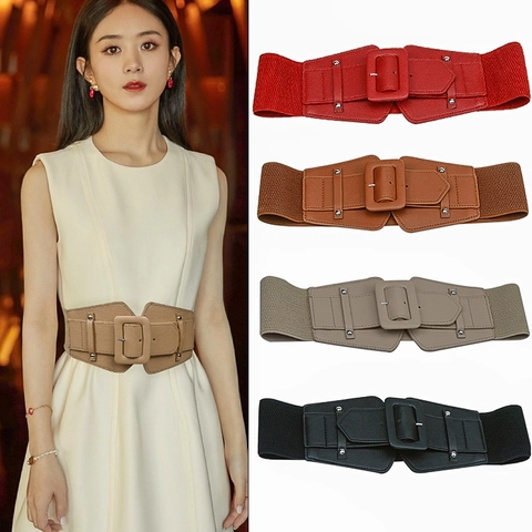 Women Wide Elastic Waist Belt Faux Leather Wrapped Buckle Corset Cinch Belt With Studs For Dresses Coats Fashion Accessories
