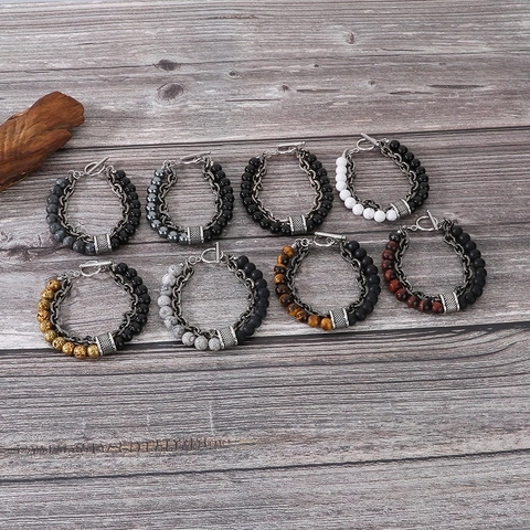 Men Bracelet Natural Tiger Eye Agate Stone Beads Stainless Steel Chain Double Layer Retro Punk Jewelry Toggle Clasp