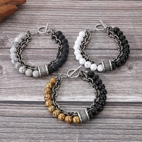 Men Bracelet Natural Tiger Eye Agate Stone Beads Stainless Steel Chain Double Layer Retro Punk Jewelry Toggle Clasp