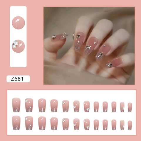 Press On Nails Short Coffin Ballet Pink Gradient Glitter Glossy Fake Nails With Rhinestones Sweet Style For Women