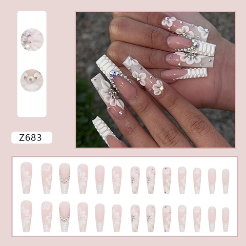 Long Coffin Press On Nägel Mit 3D Blumen Strass Und Schlangenmuster Rosa Farbverlauf Ballerina Falsche Nägel