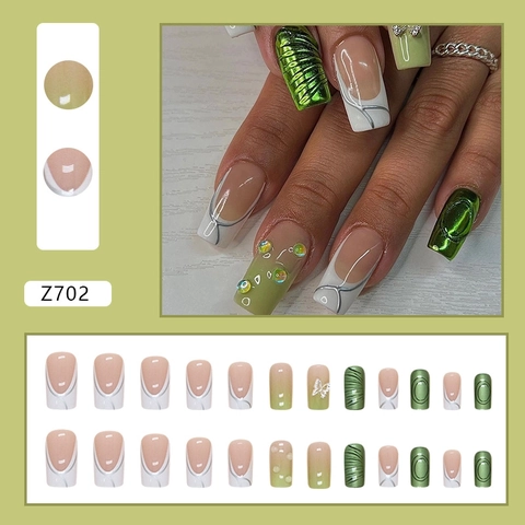 Aurora Green Press On Nails Square Artificial Nails With Dimensional Butterfly And Rhinestones French Tip Style For Women