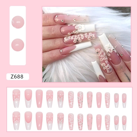 Unghie Finte Lunghe Forma Bara Francese Bianco Sfumato Rosa Con Fiore 3D Strass Per Donne