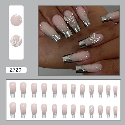 Sarg Künstliche Fingernägel Lang Metallic Silber French Tip Verlauf Mit 3D Schmetterling Strass Elegante Nägel
