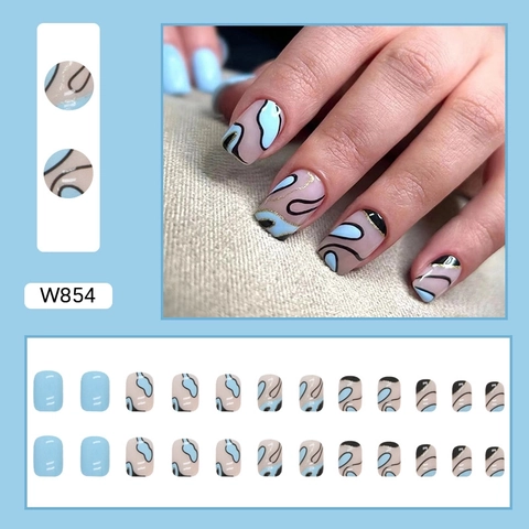 Unghie Finte Press On Design Astratto Onde Curve Blu Nero Corte Quadrate Unghie Artificiali Per Donne Uso Quotidiano