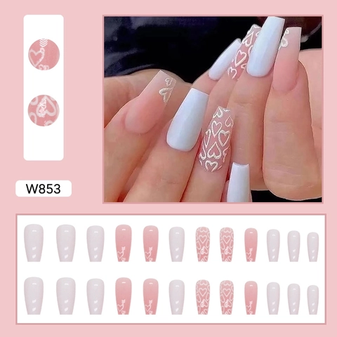 Unghie Finte Lunghe Forma Bara Bianco Rosa Glitter Cuore Stile Balletto Rimovibili Per Donne Copertura Totale