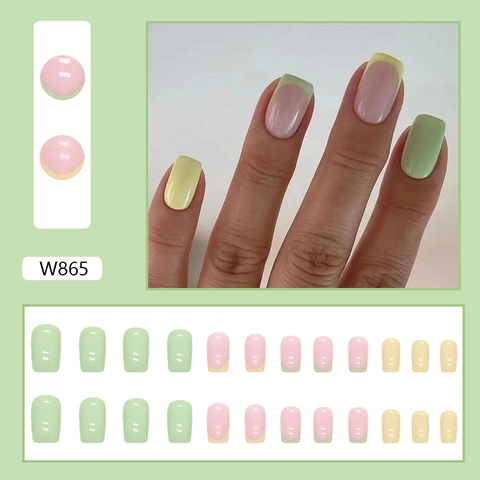 Unghie Finte Press On Stile Francese Quadrate Arrotondate Verde Avocado Giallo Limone Colori Macaron Stile Pastorale
