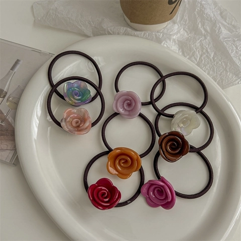 Rose Flower Hair Ties Resin Floral Elastic Hair Bands Elegant Ponytail Holder For Women Girls Sweet Hair Accessories