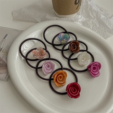 Rose Flower Hair Ties Resin Floral Elastic Hair Bands Elegant Ponytail Holder For Women Girls Sweet Hair Accessories