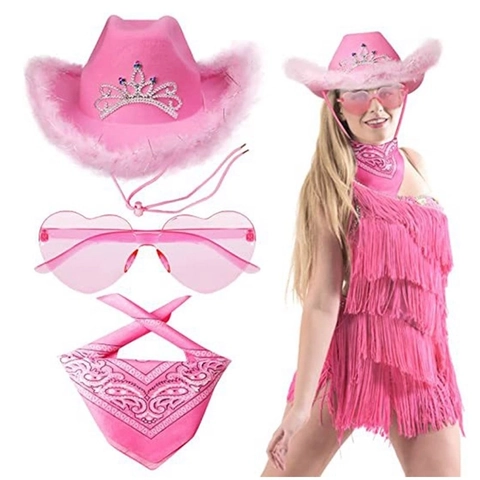 Western Cowboy Hat With Feather Trim Sequins Crown Heart Sunglasses And Paisley Bandana Party Cosplay Costume Accessory