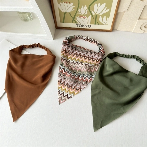 Bandana Triangolare Retrò Foulard Satin Maglia Motivo Onde Fascia Elastica Boho Accessorio Capelli Per Donne Stile Maillard