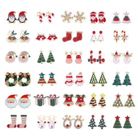 Christmas Stud Earrings Alloy Enamel Rhinestone Artificial Pearl Santa Claus Tree Snowflake Reindeer Festive Holiday Jewelry For Women