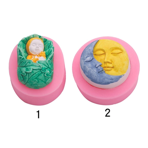 Silicone Molds Sun Moon Face Baby In Leaf 3D Relief For Fondant Chocolate Handmade Soap Candle Crafting DIY