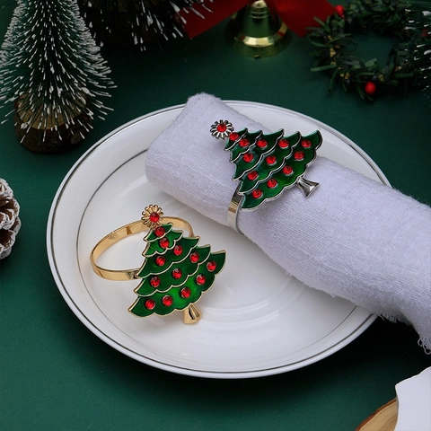 Ronds De Serviette De Noel Alliage Email Strass Arbre De Noel Cloche Decoration De Table Accessoires De Fete