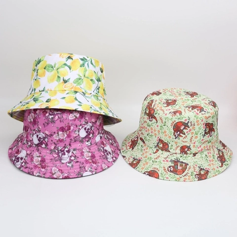 Reversible Digital Printed Bucket Hat Retro Fruit Lemon Skull Sloth Floral Pattern Sun Protection Polyester Fisherman Hat For Outdoor Unisex