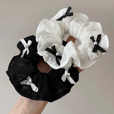 Coletero De Encaje Hecho A Mano Con Lazo Y Perla Artificial Elegante Goma De Pelo Elástica De Malla Estilo Francés
