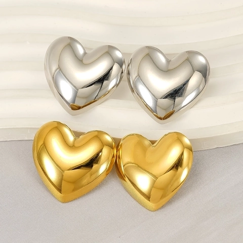 Puff Heart Stud Earrings 18K Gold Plated Stainless Steel 3D Polished Metal Jewelry For Women Fashion High Shine Versatile