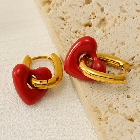 Pendientes De Aro De Corazón De Acero Inoxidable Chapado En Oro De 18K Corazón De Esmalte Rojo Para Mujer