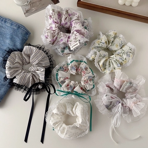 Elegant Lace Satin Scrunchies Floral Bow Ribbon Hair Ties Elastic Ponytail Holder Women Sweet Korean Style Accessories