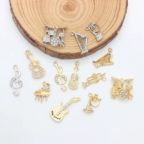 Musical Instrument Charms Alloy Rhinestone Guitar Piano Violin Treble Clef DIY Jewelry Making Craft Accessories