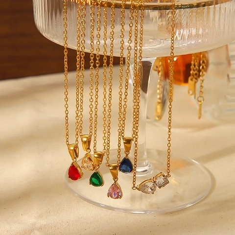 Water Drop Pendant Necklace Gold Plated Stainless Steel Sparkling Colorful Zirconia Rhinestone Fashion Jewelry For Women